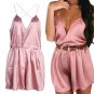 Summer Women Jumpsuits Rompers Elegant Deep V Neck Pink Silk Satin Casual Beach Playsuit Bodysuit Ov