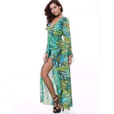 Chiffon Women Summer Vacation Jumpsuits Floral Print Green Beach Overalls Rompers Long Sleeve Women 
