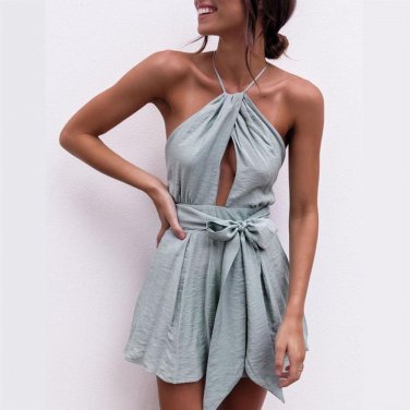 Sexy Halter Neck Playsuit Ruffles Short Jumpsuit Women Elegant Backless Rompers 2017 Boho Beach Play