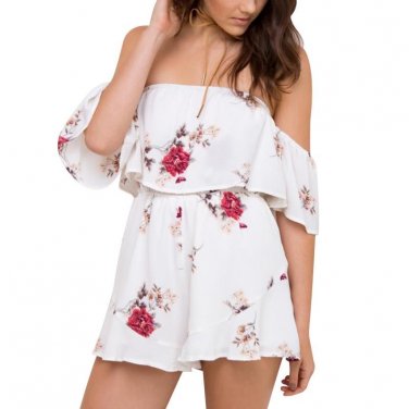 Ruffles Slash Neck Beach Playsuits Women Summer Flower Print Rompers Womens Sexy Casual Playsuit Ove