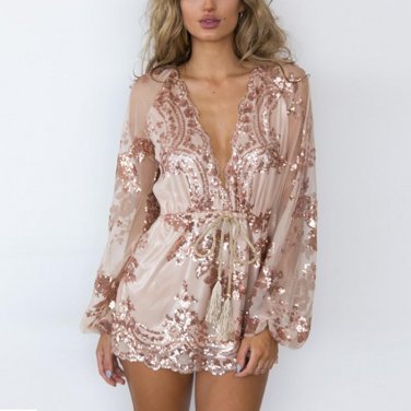 Gold Sequin Embroidery Lady Jumpsuit Romper Transparent Long Sleeve Playsuit Women Deep V Neck Overa