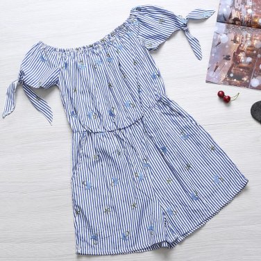 Rompers Womens Jumpsuits 2018 Summer Bohemian Vintage Embroidery Overalls Sexy Slash Neck Stripe Pla