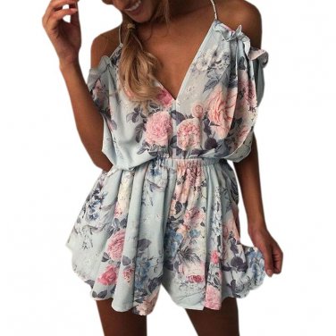 Boho Floral Print Ruffles Playsuits Shorts Rompers Womens Jumpsuit Summer Sexy V Neck Backless Casua