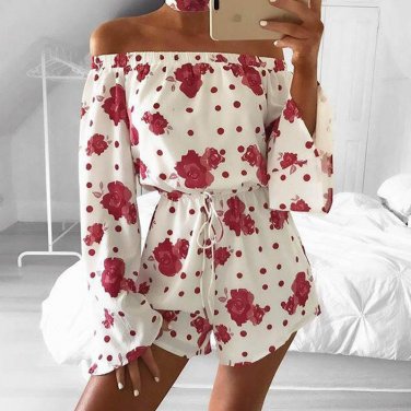 Spring Sexy 2018 Printed Women Playsuits Rompers Long Sleeve Slash Neck Loose Summer Playsuits Beach
