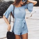 Fashion Sexy Off Shoulder Flare Sleeve Jumpsuit Romper Elegant Bow Ruffle Women Overalls Causal Blue