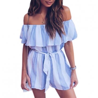 Beach Summer Playsuits 2017 Women jumpsuits Shorts Sexy Slash Neck Ruffles Striped Playsuit Casual O
