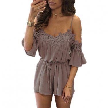 Boho Off Shoulder Lace Crochet Slim Playsuits Women Summer Strappy V Neck Jumpsuits Rompers Sexy Bea