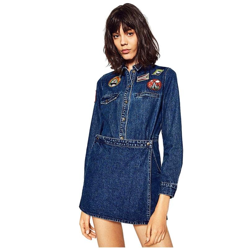 NYMPH Lapel Embroidery Appliqued Casual Women Long Sleeves Character Denim Jumpsuit Autumn Button Lo