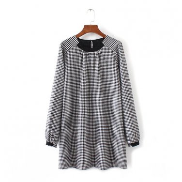 Women Black Plaid Loose Mini Playsuit 2017 European O-Neck Long Sleeve Ribbed Cuffs Short Culottes A