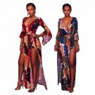 2018 Sexy Women Skinny Playsuits split Clothes Plus size Feather Print Jumpsuits Fashion Lace up bod