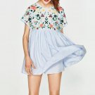 WISHBOP 2017 NEW WOMAN FASHION SKY BLUE TOP Floral Embroidery Cut OUT BACK Lace-up Tied Short Sleeve