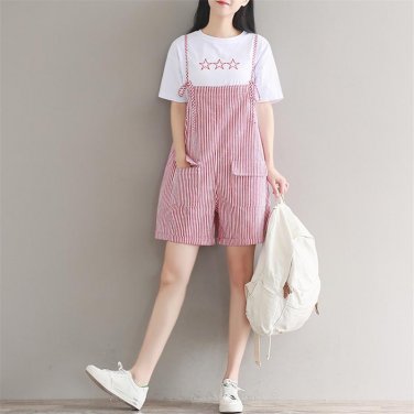 New Women Cute Loose Striped Strap Short Suit Jumpsuits Summer 2018 Short+T shirt Casual Romper Star