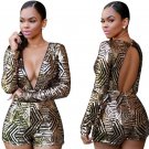 Lady Sequin Short Sleeve Pants Bodycon Jumpsuit Romper Shorts High Waist V Neck Club Playsuit Sequin