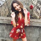 2018 Women\'s Sexy Summer Jumpsuits New Hot Sale Ruffles Red Short Playsuits Floral Printing V-neck 