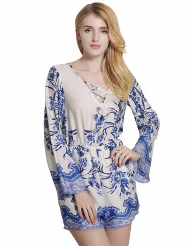 2016 New Arrival Summer Playsuits  Elegant Jumpsuit Loose Sexy V-neck Short Playsuit Women Print Par