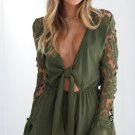 2018 women mini jumpsuits V-neck patchwork lace regular playsuits flare sleeve boho hollow