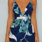 2018 Summer Sexy Leaf Printing V Collar Wrapped Jumpsuits Women\'s Boho Backless Holiday Playsuits B