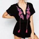 VogaIn 2016 Women New Black Jumpsuit With Rose PInk Embroidered V-neck With Pompoms Short Sleeved
