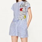 WISHBOP 2017 FASHION WOMAN Blue Striped Short jumpsuit with flower Print Round neckline short sleeve
