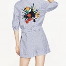 WISHBOP 2017 FASHION WOMAN Blue White Short STRIPED EMBROIDERED JUMPSUIT Belted shirt collar long sl