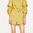 WISHBOP 2017 NEW Mustard Elastic boatneck jumpsuit with exposed shoulder Long draped sleeves belt wi
