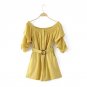 WISHBOP 2017 NEW Mustard Elastic boatneck jumpsuit with exposed shoulder Long draped sleeves belt wi