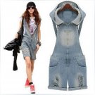 Ladies Plus Size Hole Hooded Dneim HOT Pants Women Shorts Overalls Jeans Braces Bib Shorts Pants Zip