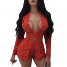 Best Quality Elegant Jumpsuit Two Piece Long Sleeve Hollow Out Sexy Lace Romper Skinny Playsuits Wom