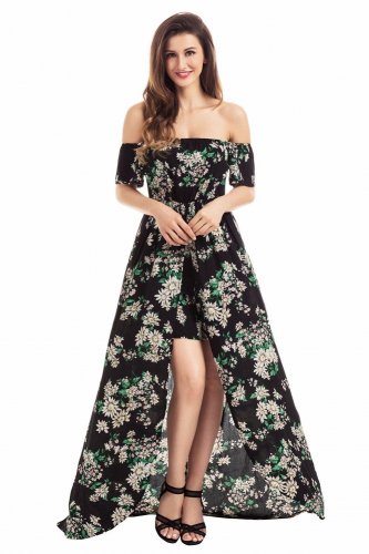 Multi-color Floral Slash Neck Short Sleeve Long Romper Women Real Elegant Off Shoulder Beach Strappy