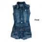 Sexy Crinkled Denim Jeans Zip jumpsuit Blue Washed Striped vest and shorts Zipper Conected 2 Pcs Sui