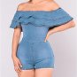 Sexy Off-shoulder Ruffle Jumpsuit Romper Women Casual Blue Denim Jumpsuit Overalls Slim Bodycon Summ