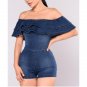 Sexy Off-shoulder Ruffle Jumpsuit Romper Women Casual Blue Denim Jumpsuit Overalls Slim Bodycon Summ