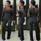 Spring Fashion Women Full Sleeve Mesh Patchwork Ruffles Long Jumpsuits Bodycon Full Women Sexy Bodys