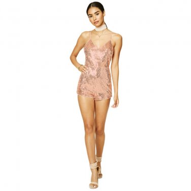 MINSUNDA New Sexy Crisscross Backless Sequined Playsuit Clubwear Women Pink Sleeveless Spaghetti Str