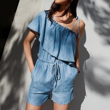 Ruffles Slash Neck Beach Playsuits Summer Women Denim Jumpsuits Girls Sexy Casual Playsuit Overalls 