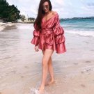 Pink and Blue Color Ladies Vintage Hubble-bubble sleeve Playsuits Sexy V-Neck Celebrity Fashion Play