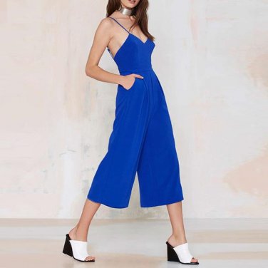 Backless Spaghetti Strap Plus Size High Waist Summer New Women Casual Sleeveless Jumpsuit Calf Lengt