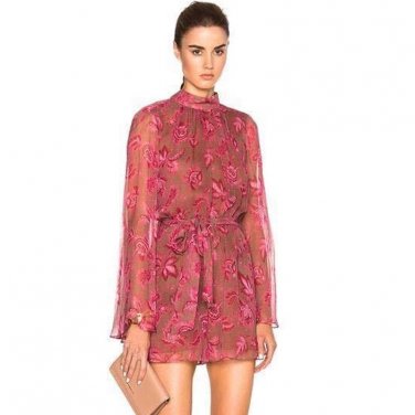 New 2017 Silk Elegant long sleeves waist bow tie trumpet sleeve body jumpsuits print spring women ch