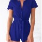 Autumn Womens Jumpsuit Lace Up Gray/Blue/Black Sexy Short Sleeve Short Romper High Waist Playsuits O