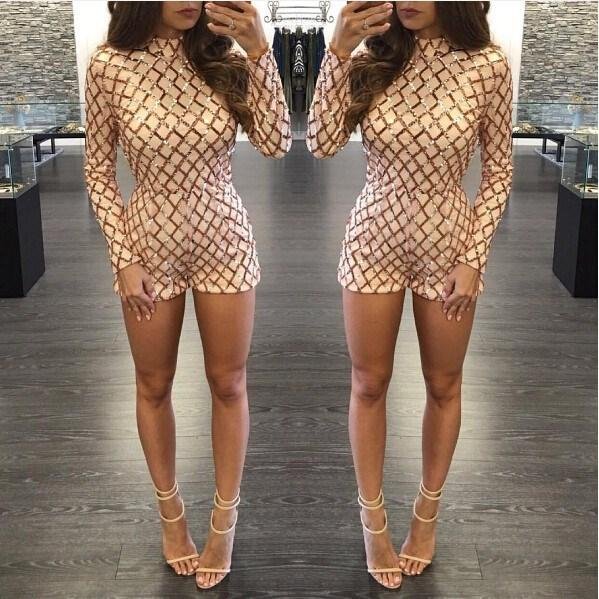 New Sequined Jumpsuits For Women 2018 Turtleneck Long Sleeve Sparkly Ladies Party Club Playsuits