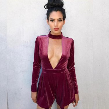 Rompers Womens Jumpsuit 2018 Long Sleeve Sexy Deep V Halter Neck Party Club Blue Red Velvet Short Pa