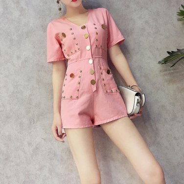 2018 Casual Sexy Casual Solid Playsuits Women Short Sleeve Single Breasted Jumpsuit Rompers Femme Bu