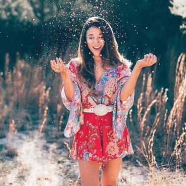 Khale Yose Summer Lotus Kimono Rompers Floral Print Overalls For Womens Jumpsuit Short Hippie Gypsy 