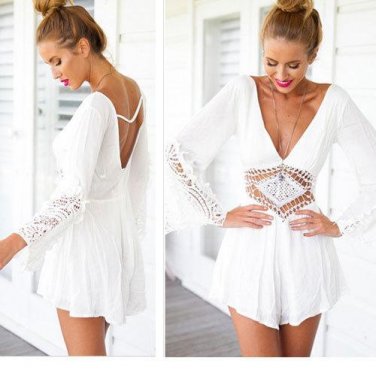 New Nice Women Shorts Summer White Jumpsuit Fashion Spring Long Sleeve V-Neck Hollow Out Sexy Casual