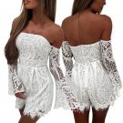 Sexy Off Shoulder Summer Lace Jumpsuits Romper Women White Short playsuit Elegant Lace Trim Flare Lo