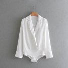 Fashion Women Casual White Color Bodysuit Shirt Long Sleeve Crossover Lapel Collar Lady Office Jumps
