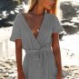 Women Sexy Deep V Neck Sashes Playsuit Jumpsuit In Rib