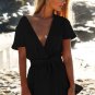 Women Sexy Deep V Neck Sashes Playsuit Jumpsuit In Rib