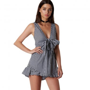 Sexy V Neck Plaid Playsuit Romper Women Summer Beach Sleeveless Casual Overalls Streetwear Bow Jumps