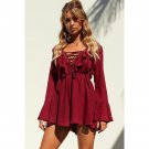 HLGO fall new casual women\'s long-sleeved flounced V-neck ties solid color Playsuits